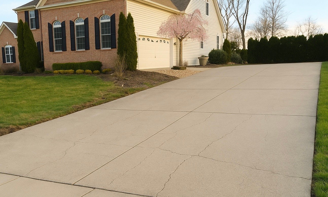 1C0AB39D-7F3D-42EE-AC43-4FC9FADFDFCC Concrete driveway leading to a residential home, showcasing U.S. Concrete Construction's quality work, with visible cracks and a landscaped yard.