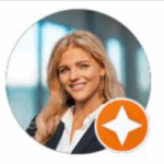 Professional woman smiling in business attire with a star logo, representing customer satisfaction for US Concrete Construction in Moorestown, NJ.