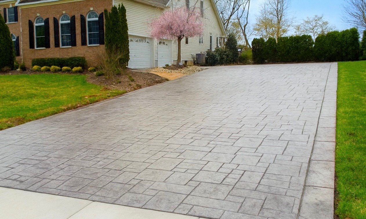 FD9A8720-B3BF-44F7-982B-7A529F6766AF Concrete driveway installation by U.S. Concrete Construction, showcasing stamped concrete design in residential setting.